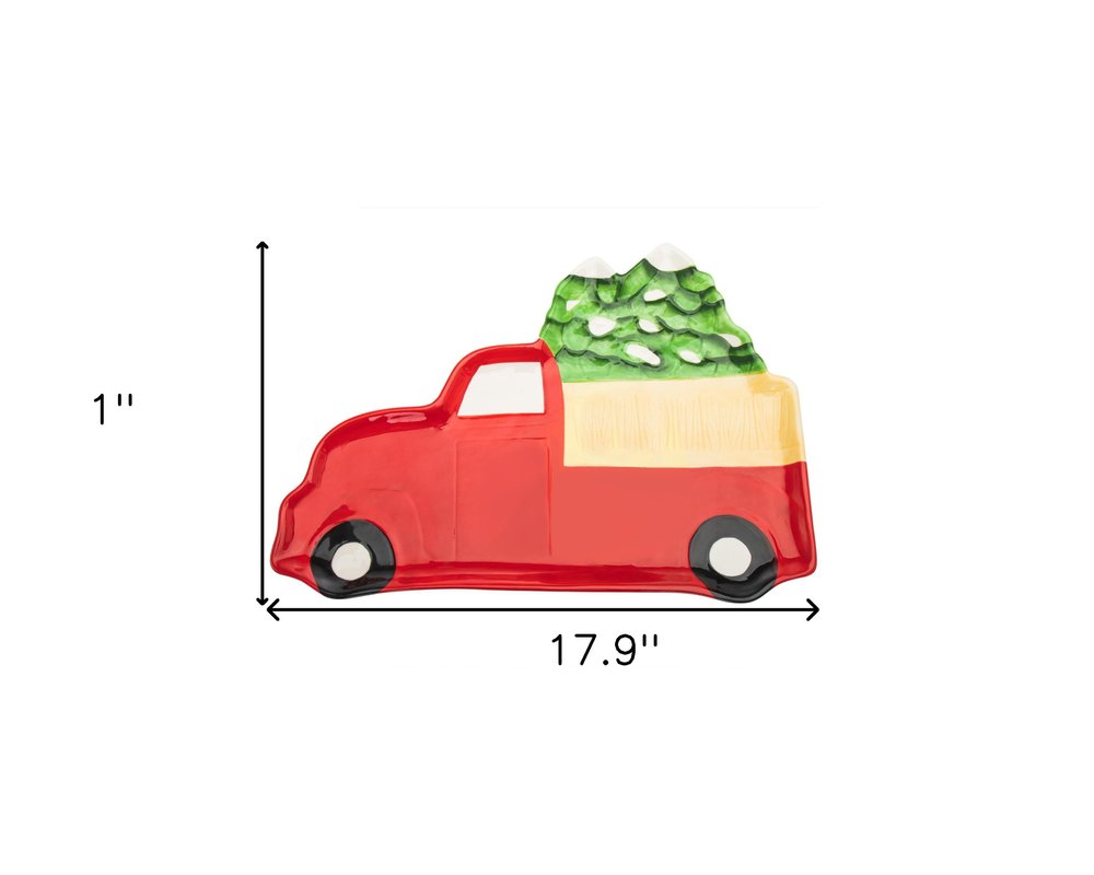 18" Green and Red Red Truck Porcelain China Christmas Serving Tray HomeRoots
