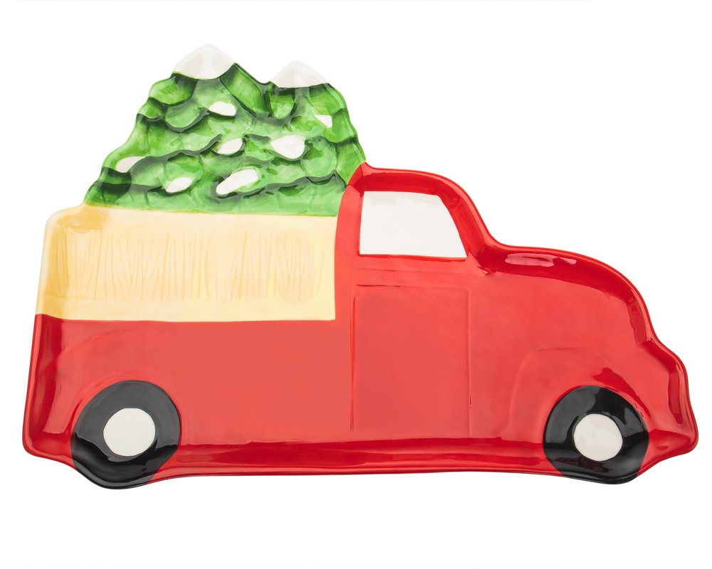 18" Green and Red Red Truck Porcelain China Christmas Serving Tray HomeRoots