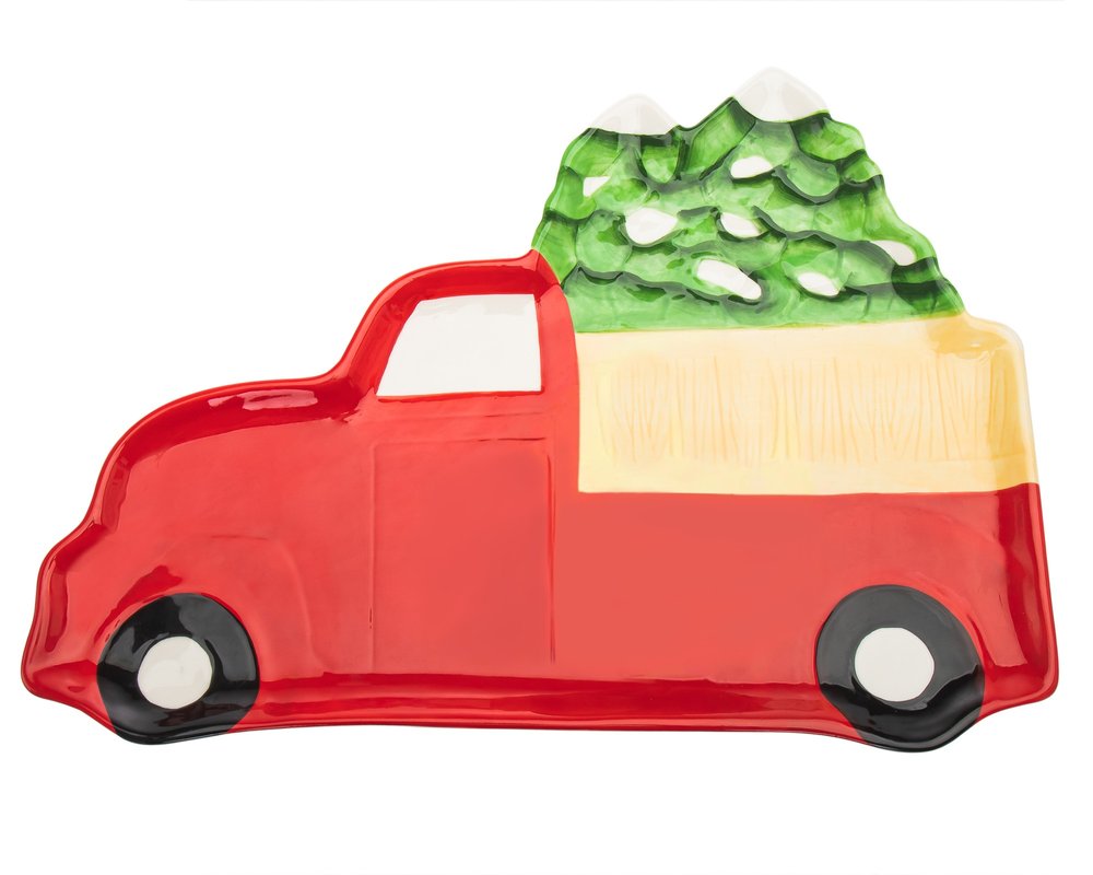 18" Green and Red Red Truck Porcelain China Christmas Serving Tray HomeRoots