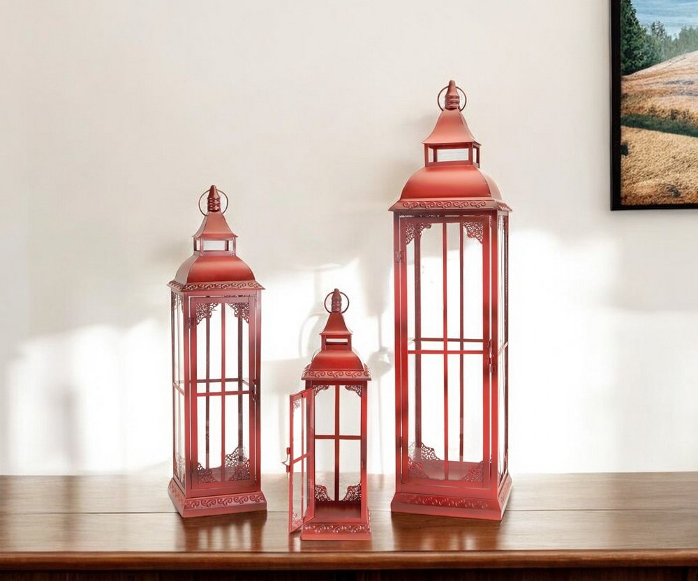 Set of Three Red Distressed Ornate Glass And Metal Floor Lantern Candle Holders HomeRoots