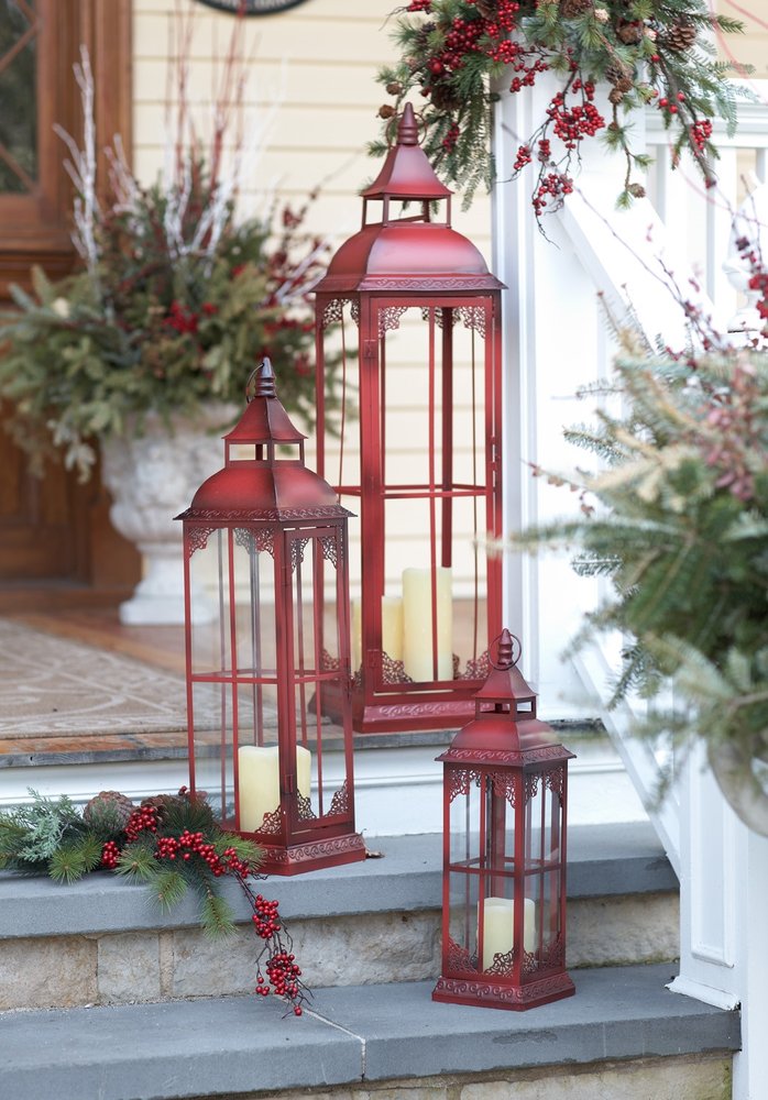 Set of Three Red Distressed Ornate Glass And Metal Floor Lantern Candle Holders HomeRoots