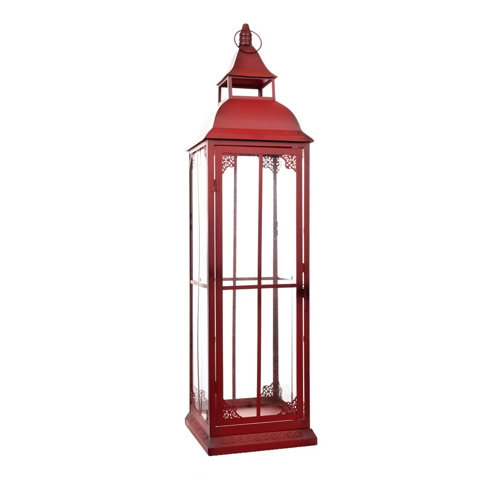 Set of Three Red Distressed Ornate Glass And Metal Floor Lantern Candle Holders HomeRoots