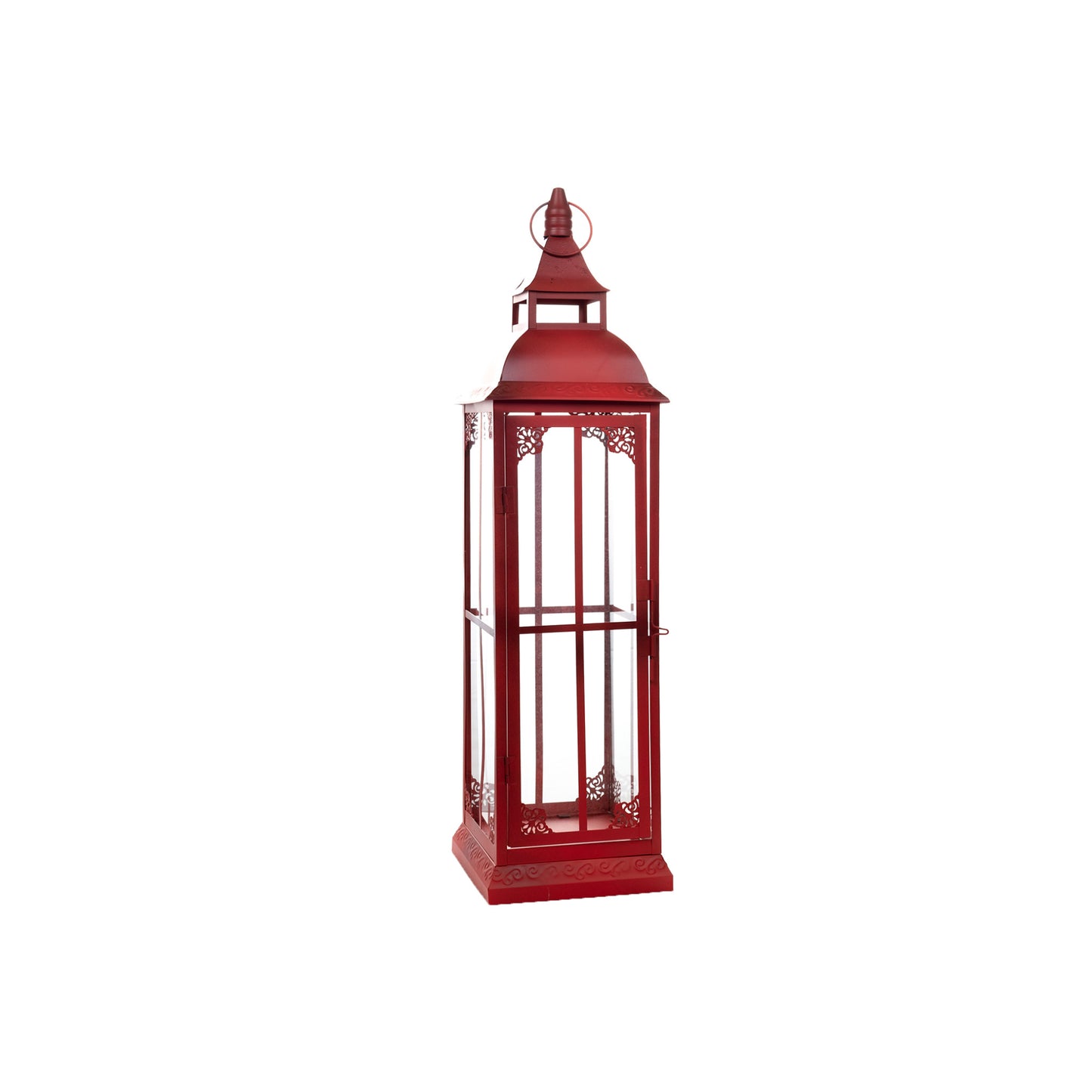 Set of Three Red Glass and Metal Ornate Floor Lantern Candle Holders