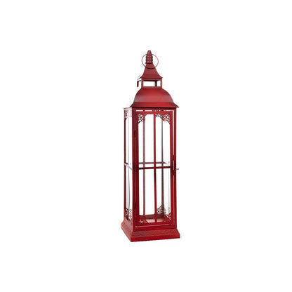 Set of Three Red Distressed Ornate Glass And Metal Floor Lantern Candle Holders HomeRoots