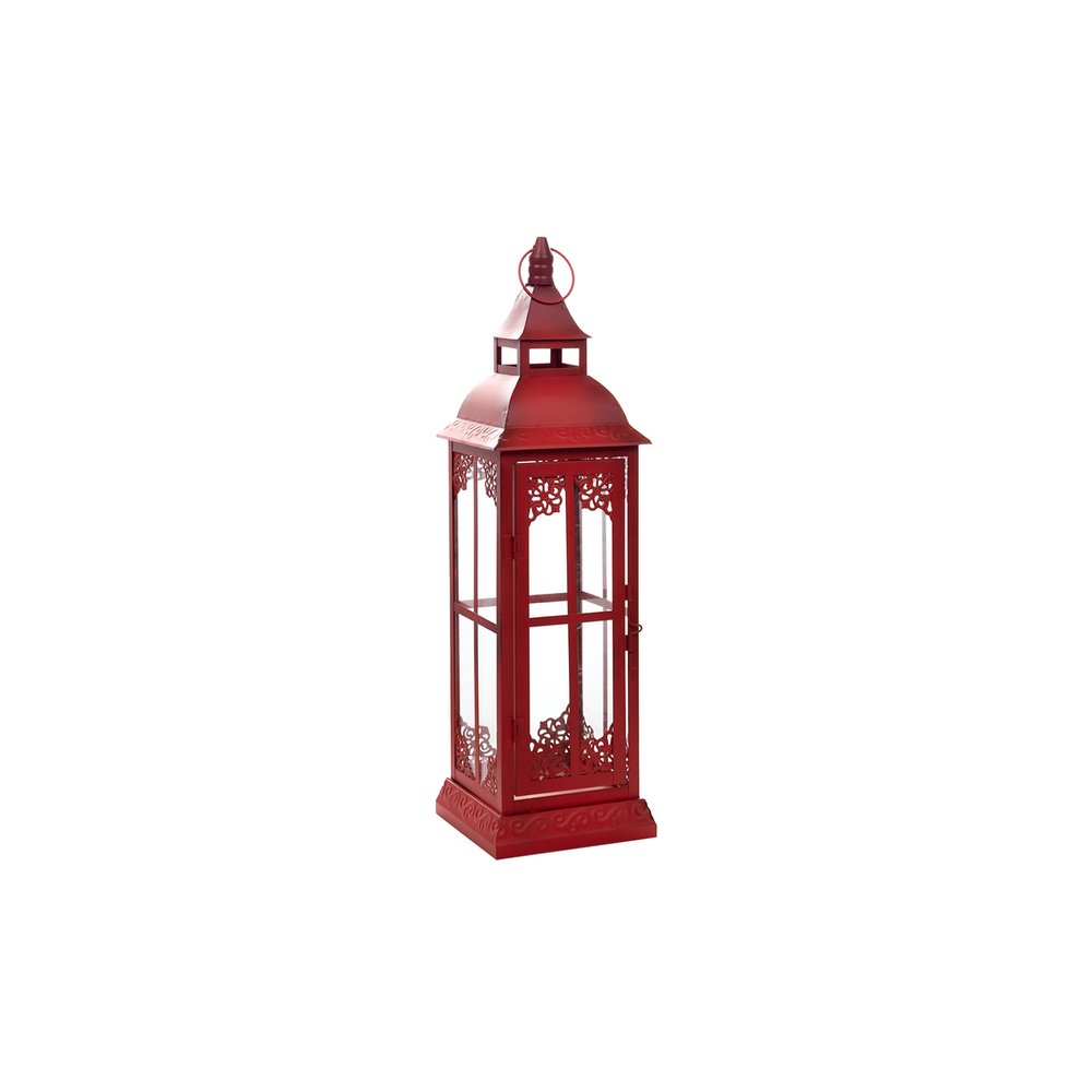 Set of Three Red Distressed Ornate Glass And Metal Floor Lantern Candle Holders HomeRoots