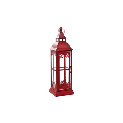 Set of Three Red Distressed Ornate Glass And Metal Floor Lantern Candle Holders HomeRoots