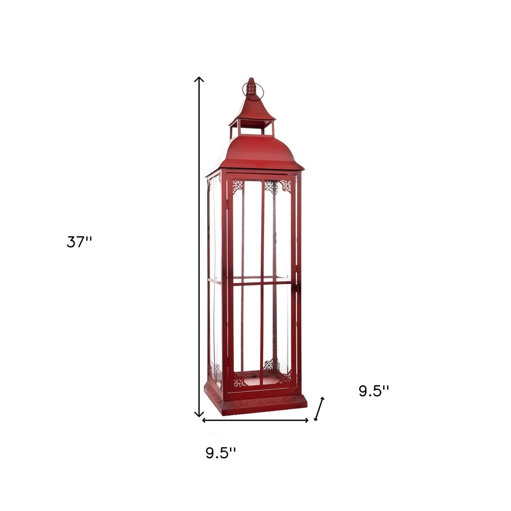 Set of Three Red Distressed Ornate Glass And Metal Floor Lantern Candle Holders HomeRoots