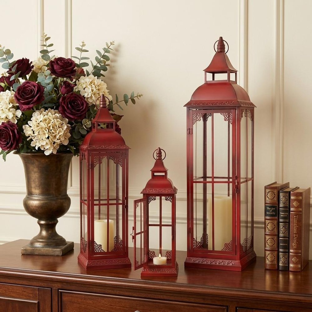 Set of Three Red Distressed Ornate Glass And Metal Floor Lantern Candle Holders HomeRoots