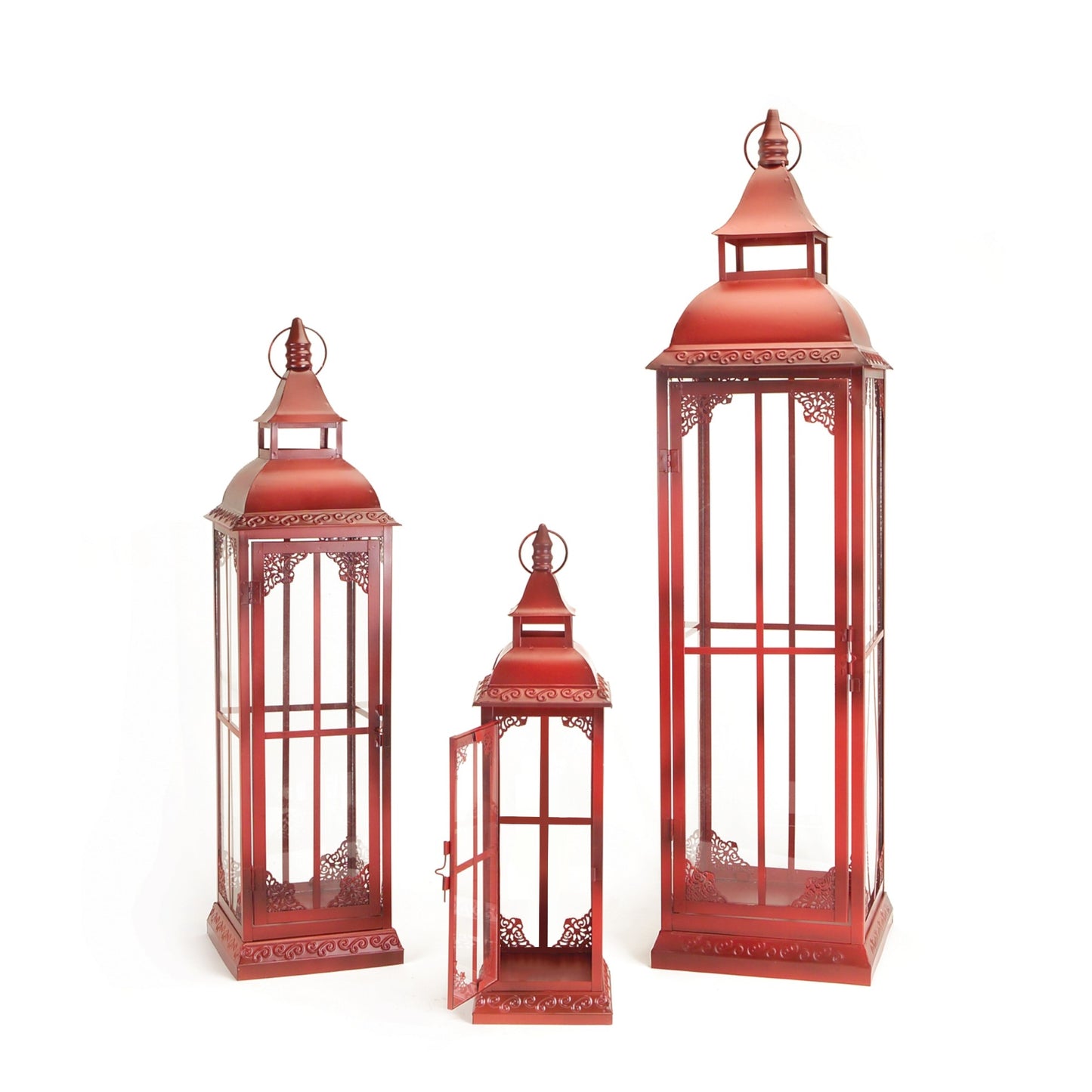 Set of Three Red Glass and Metal Ornate Floor Lantern Candle Holders