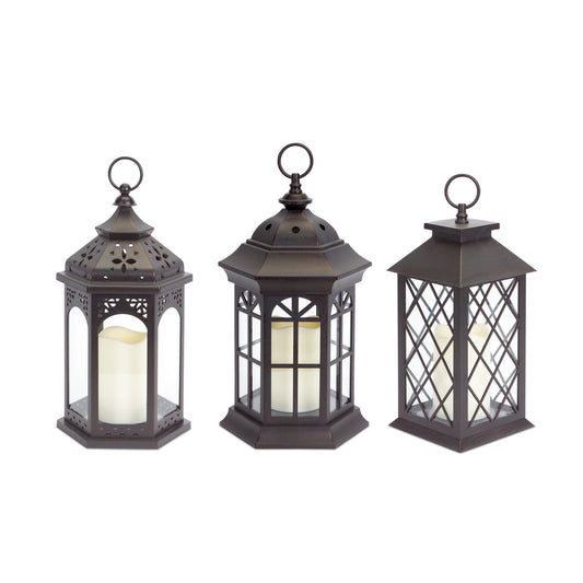 Set of Three Dark Brown Glass and Plastic Ornate Floor Lantern Candle Holders With Candles