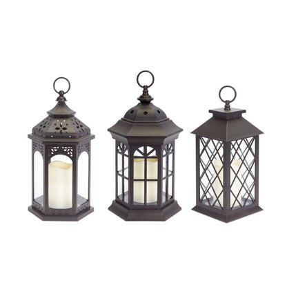 Set of Three Dark Brown Distressed Ornate Glass And Plastic Floor Lantern Candle Holders With Candle HomeRoots