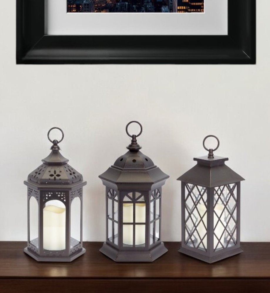 Set of Three Dark Brown Distressed Ornate Glass And Plastic Floor Lantern Candle Holders With Candle HomeRoots