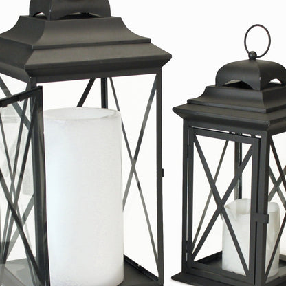 Set of Three Black Iron and Glass Geometric Floor Lantern Candle Holders