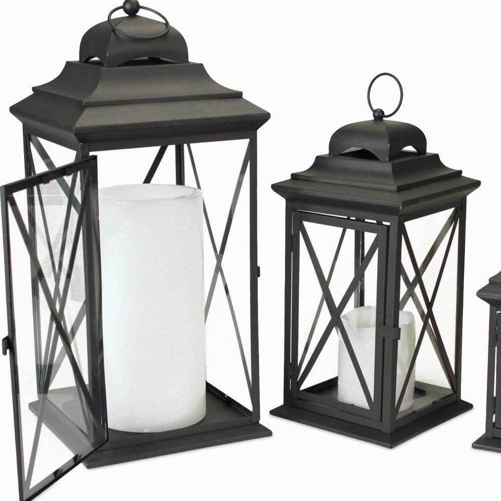 Set of Three Black Iron and Glass Geometric Floor Lantern Candle Holders