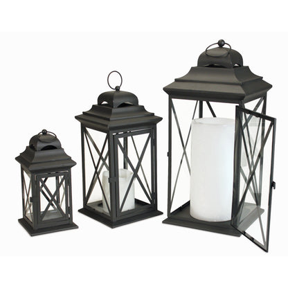 Set of Three Black Iron and Glass Geometric Floor Lantern Candle Holders