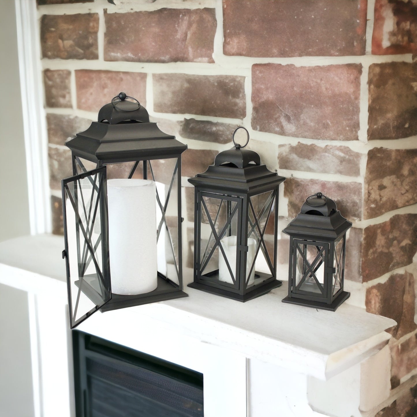 Set of Three Black Iron and Glass Geometric Floor Lantern Candle Holders