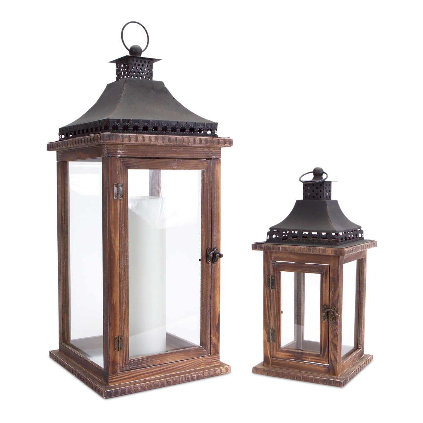 Set of Two Brown and Black Wood and Metal Ornate Floor Lantern Candle Holders