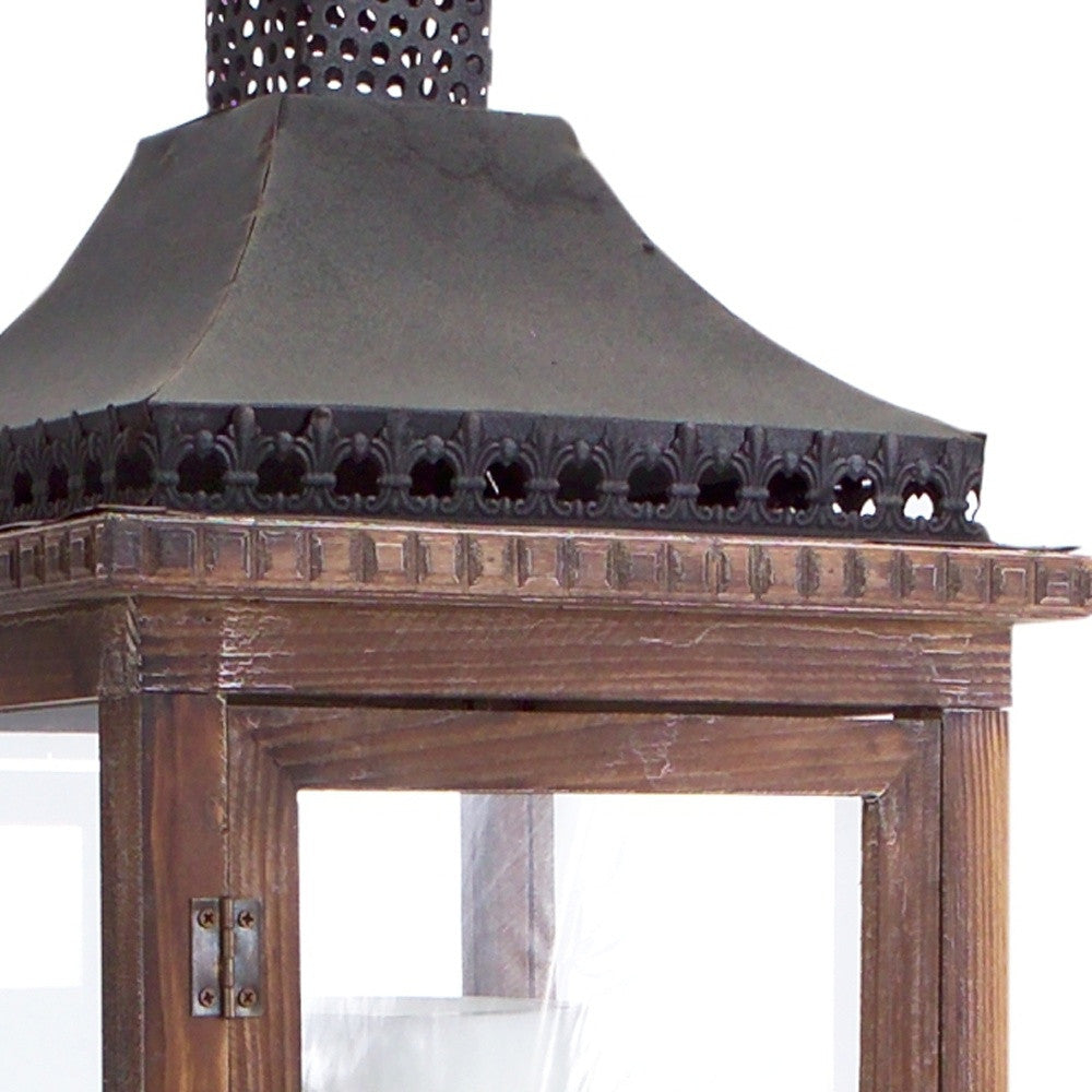 Set of Two Brown and Black Wood and Metal Ornate Floor Lantern Candle Holders