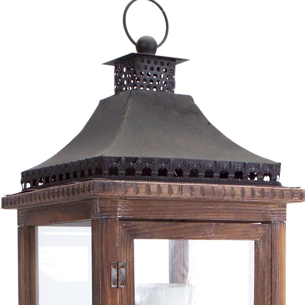 Set of Two Brown and Black Wood and Metal Ornate Floor Lantern Candle Holders