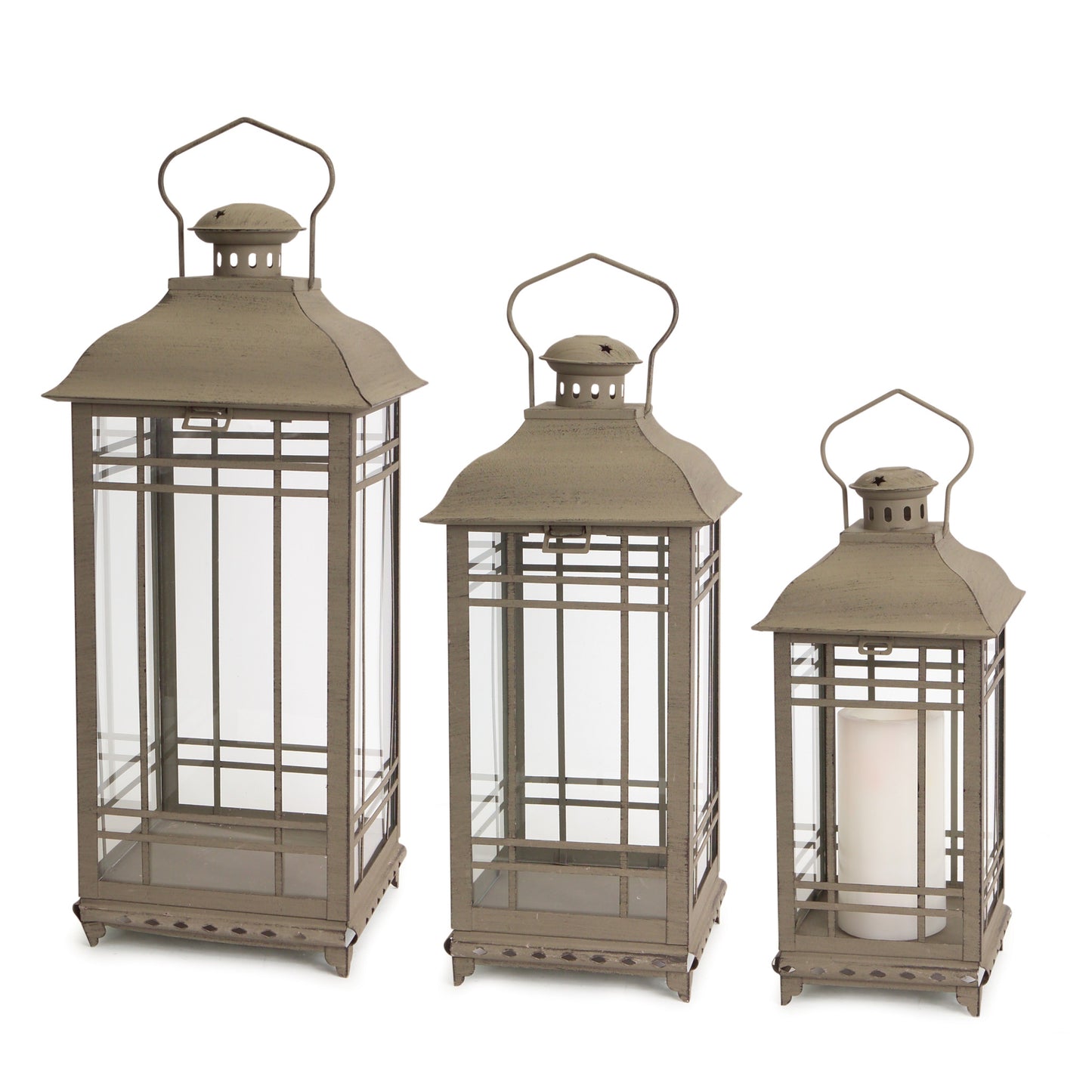 Set of Three Brown Glass and Metal Geometric Floor Lantern Candle Holders