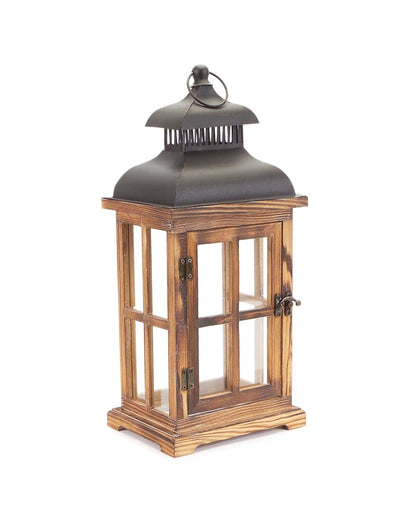 Set of Two Natural and Black Glass Wood and Metal Floor Lantern Candle Holders