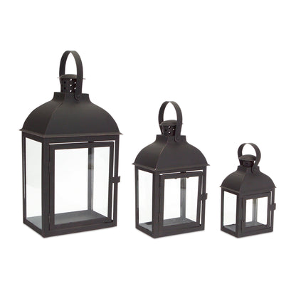 Set of Three Clear and Black Glass and Metal Floor Lantern Candle Holders