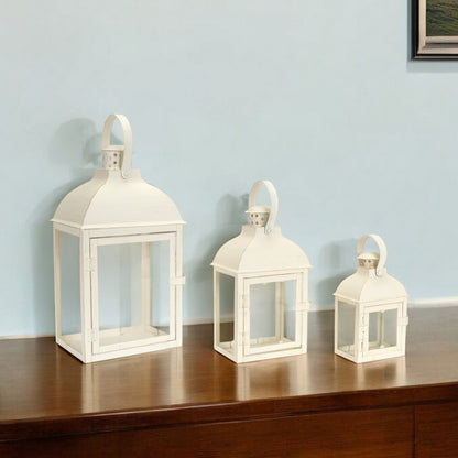 Set of Three Ivory Glass and Metal Floor Lantern Candle Holders