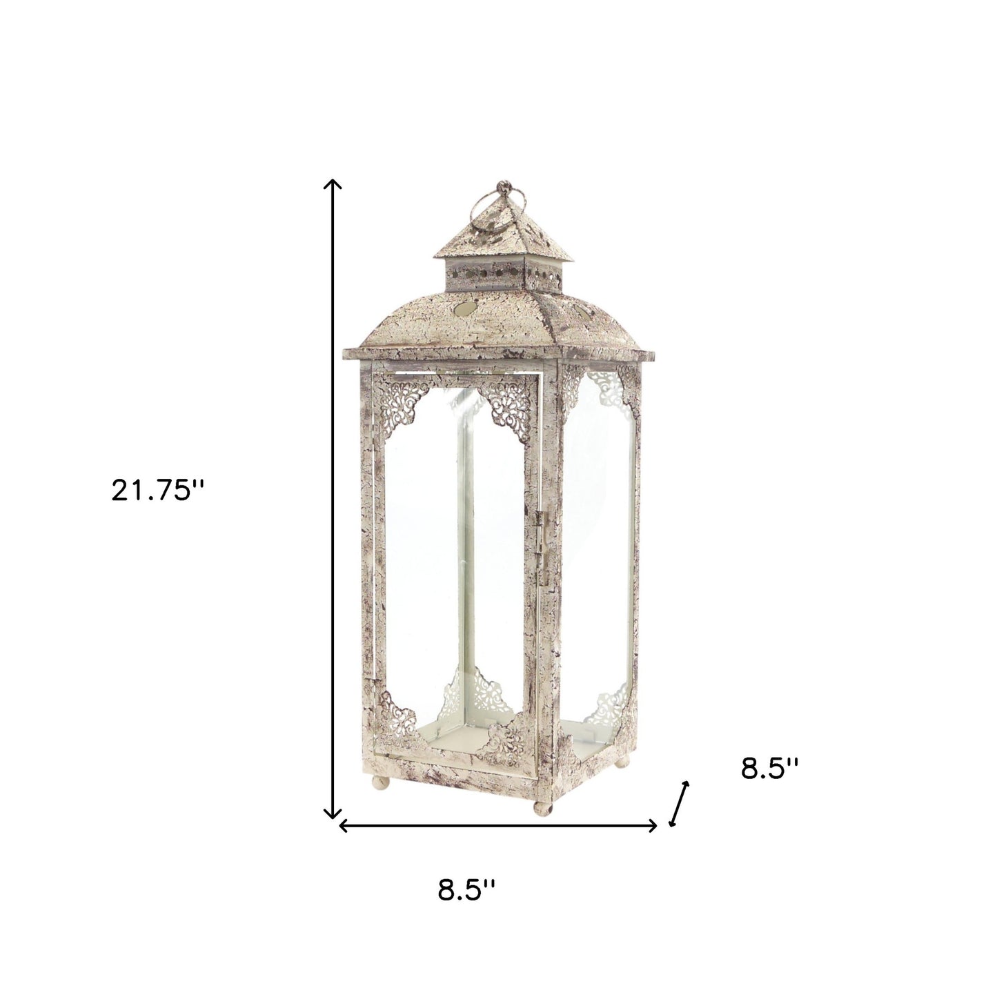 Set of Two Beige Glass and Metal Distressed Floor Lantern Candle Holders