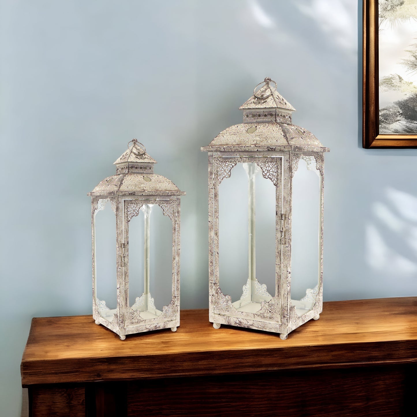 Set of Two Beige Glass and Metal Distressed Floor Lantern Candle Holders