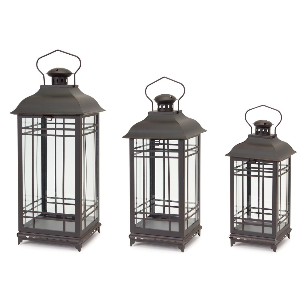 Set of Three Black Distressed Geometric Glass And Metal Floor Lantern Candle Holders HomeRoots