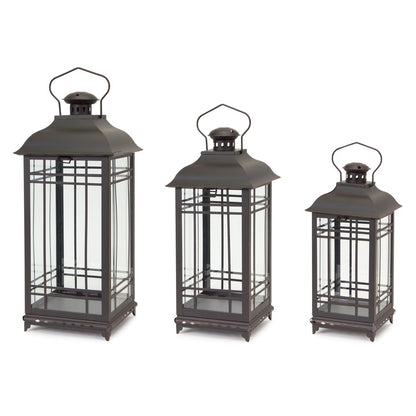 Set of Three Black Distressed Geometric Glass And Metal Floor Lantern Candle Holders HomeRoots