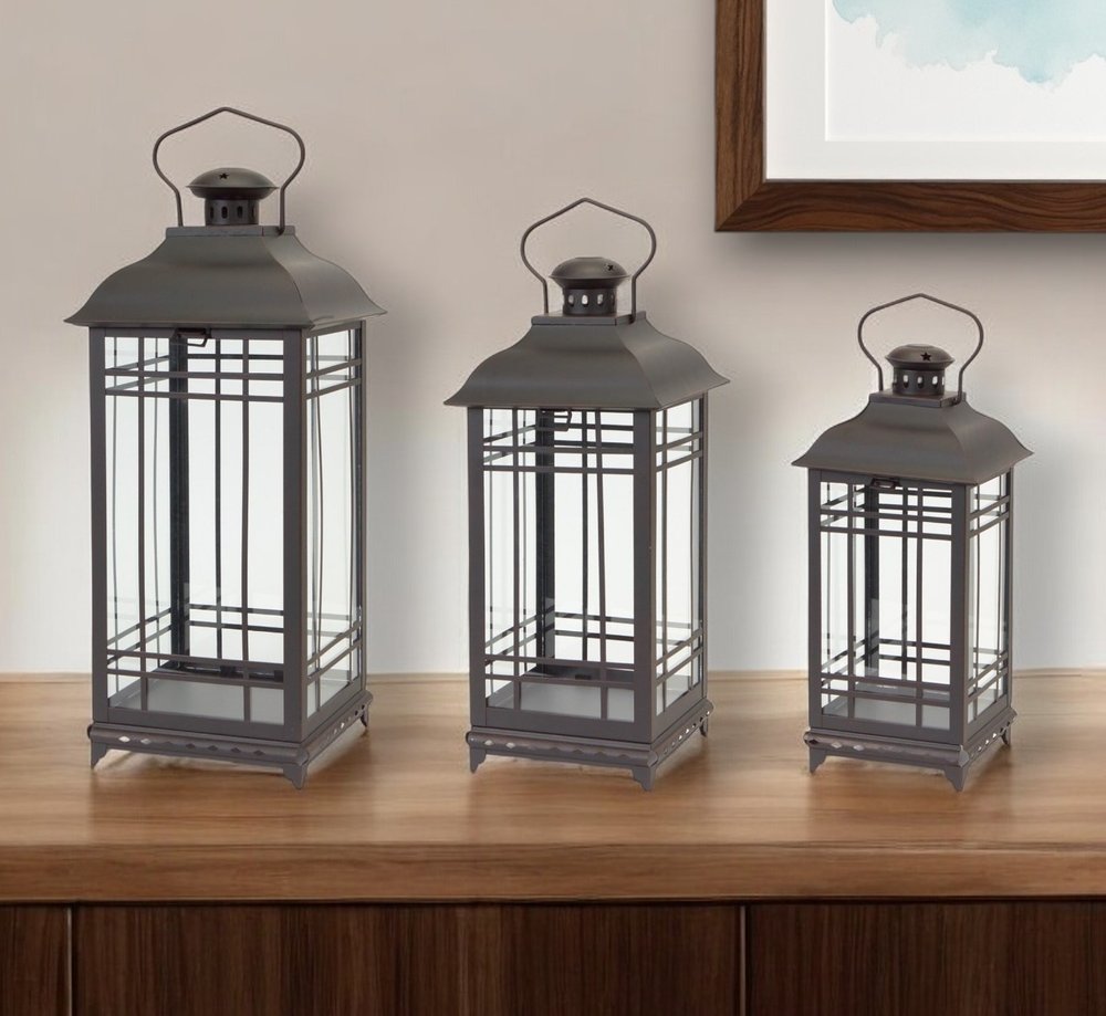Set of Three Black Distressed Geometric Glass And Metal Floor Lantern Candle Holders HomeRoots