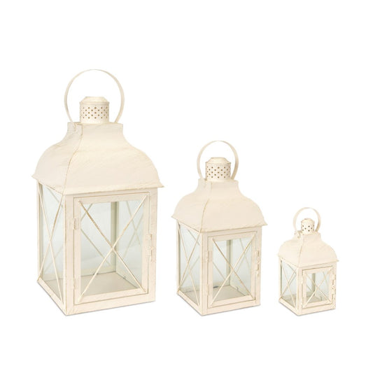 Set of Three Ivory Distressed Geometric Glass And Metal Floor Lantern Candle Holders HomeRoots