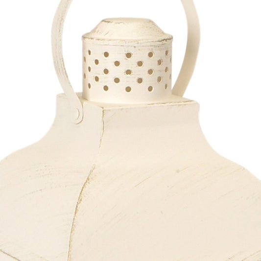 Set of Three Ivory Distressed Geometric Glass And Metal Floor Lantern Candle Holders HomeRoots