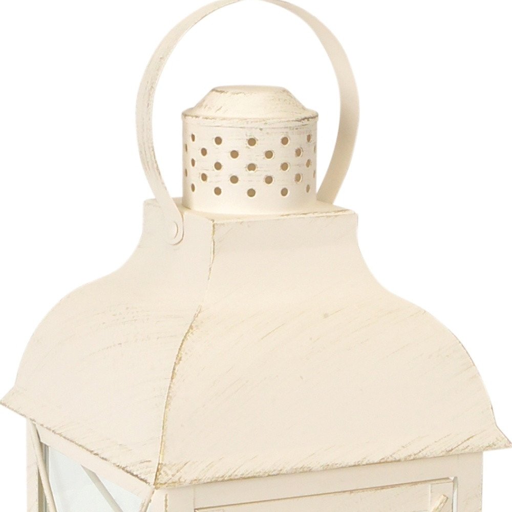 Set of Three Ivory Distressed Geometric Glass And Metal Floor Lantern Candle Holders HomeRoots