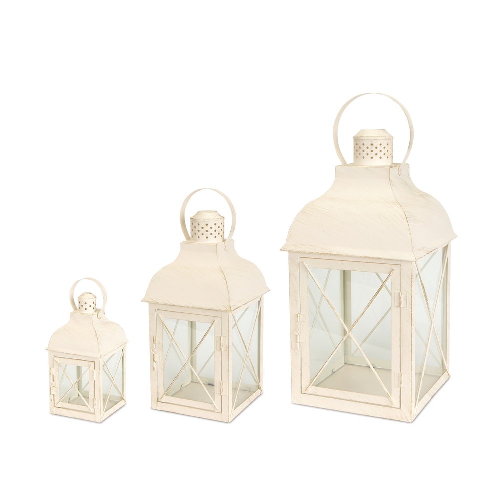 Set of Three Ivory Distressed Geometric Glass And Metal Floor Lantern Candle Holders HomeRoots