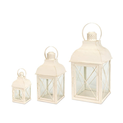 Set of Three Ivory Distressed Geometric Glass And Metal Floor Lantern Candle Holders HomeRoots