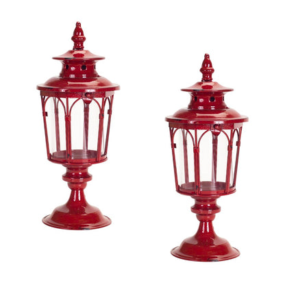 Set of Two Red Distressed Ornate Glass And Metal Tabletop Lantern Candle Holders HomeRoots