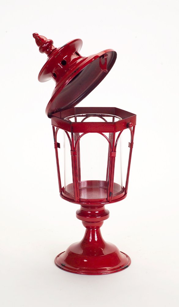 Set of Two Red Distressed Ornate Glass And Metal Tabletop Lantern Candle Holders HomeRoots