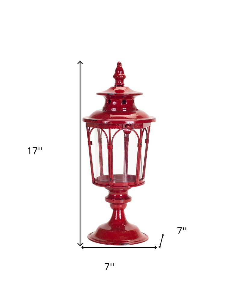 Set of Two Red Distressed Ornate Glass And Metal Tabletop Lantern Candle Holders HomeRoots