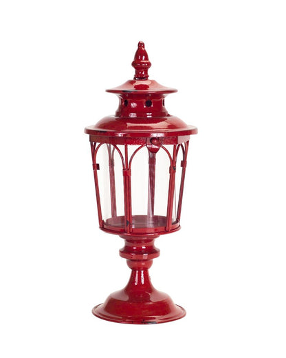 Set of Two Red Distressed Ornate Glass And Metal Tabletop Lantern Candle Holders HomeRoots