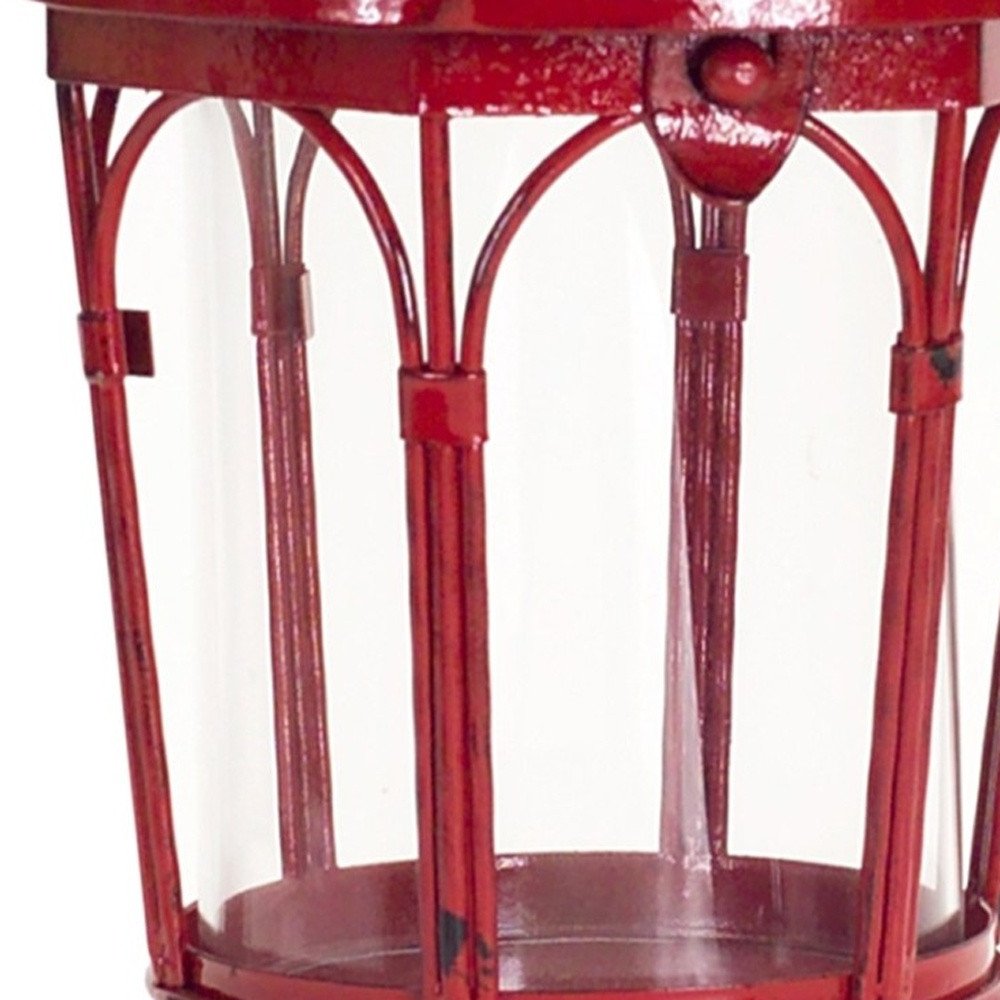 Set of Two Red Distressed Ornate Glass And Metal Tabletop Lantern Candle Holders HomeRoots