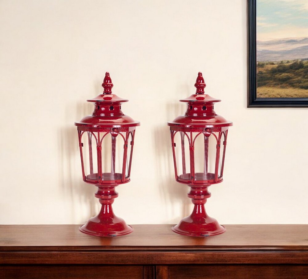 Set of Two Red Distressed Ornate Glass And Metal Tabletop Lantern Candle Holders HomeRoots