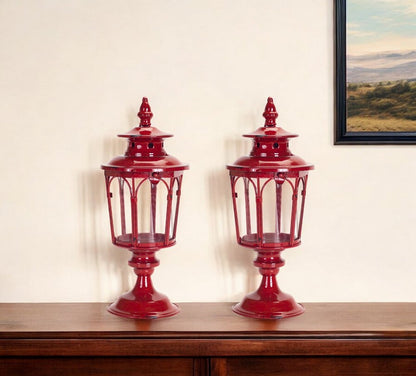 Set of Two Red Distressed Ornate Glass And Metal Tabletop Lantern Candle Holders HomeRoots