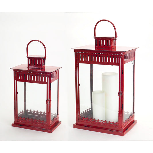 Set of Two Red Metal Ornate Floor Lantern Candle Holders