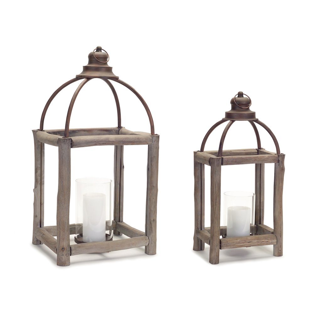 Set of Two Natural And Gray Geometric Glass Wood And Metal Floor Lantern Candle Holders HomeRoots