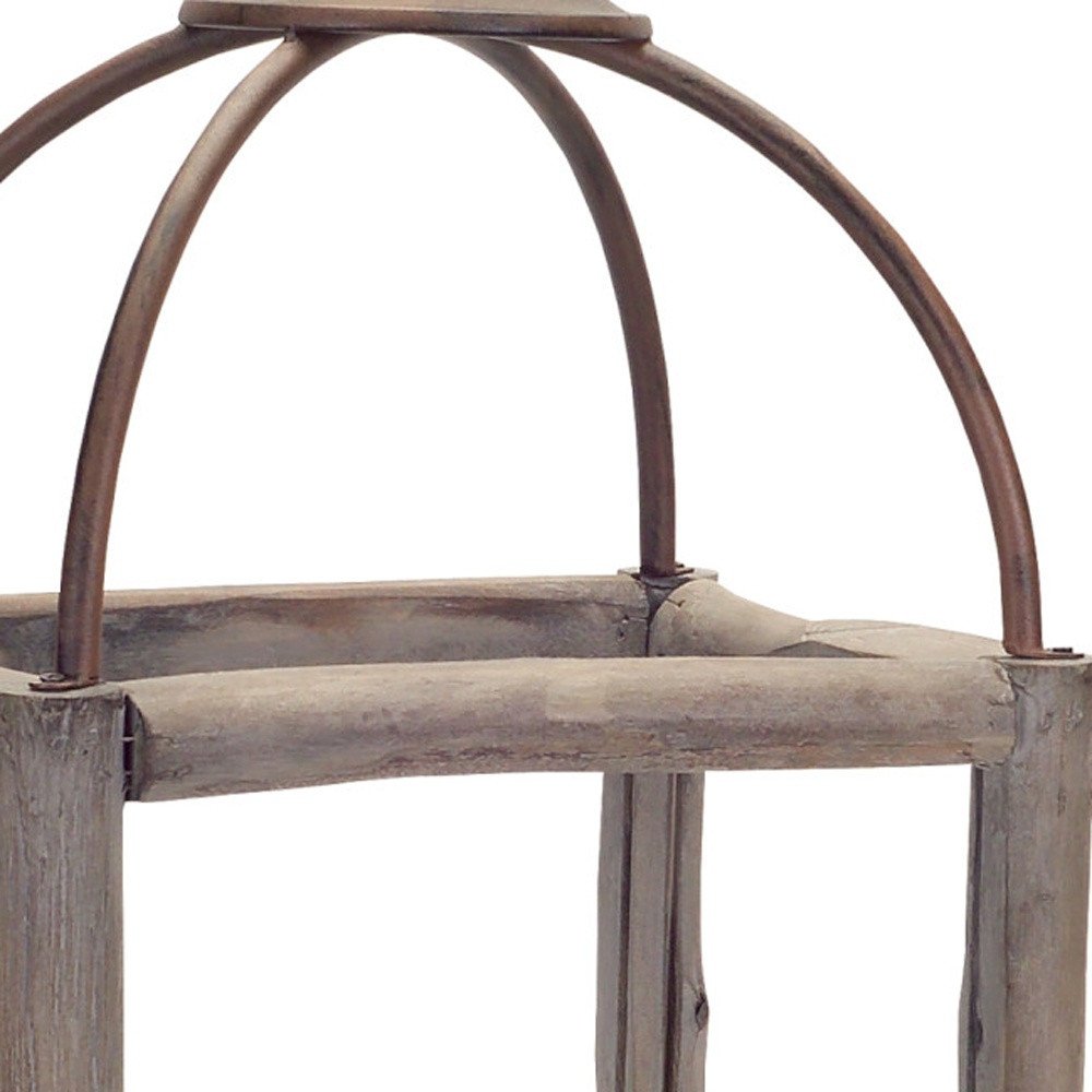 Set of Two Natural And Gray Geometric Glass Wood And Metal Floor Lantern Candle Holders HomeRoots