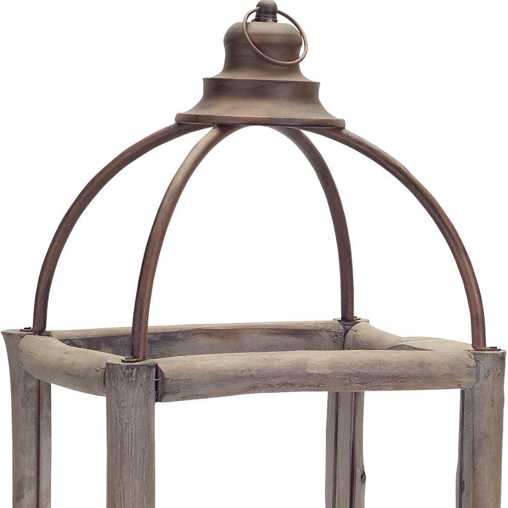 Set of Two Natural And Gray Geometric Glass Wood And Metal Floor Lantern Candle Holders HomeRoots