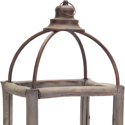 Set of Two Natural And Gray Geometric Glass Wood And Metal Floor Lantern Candle Holders HomeRoots