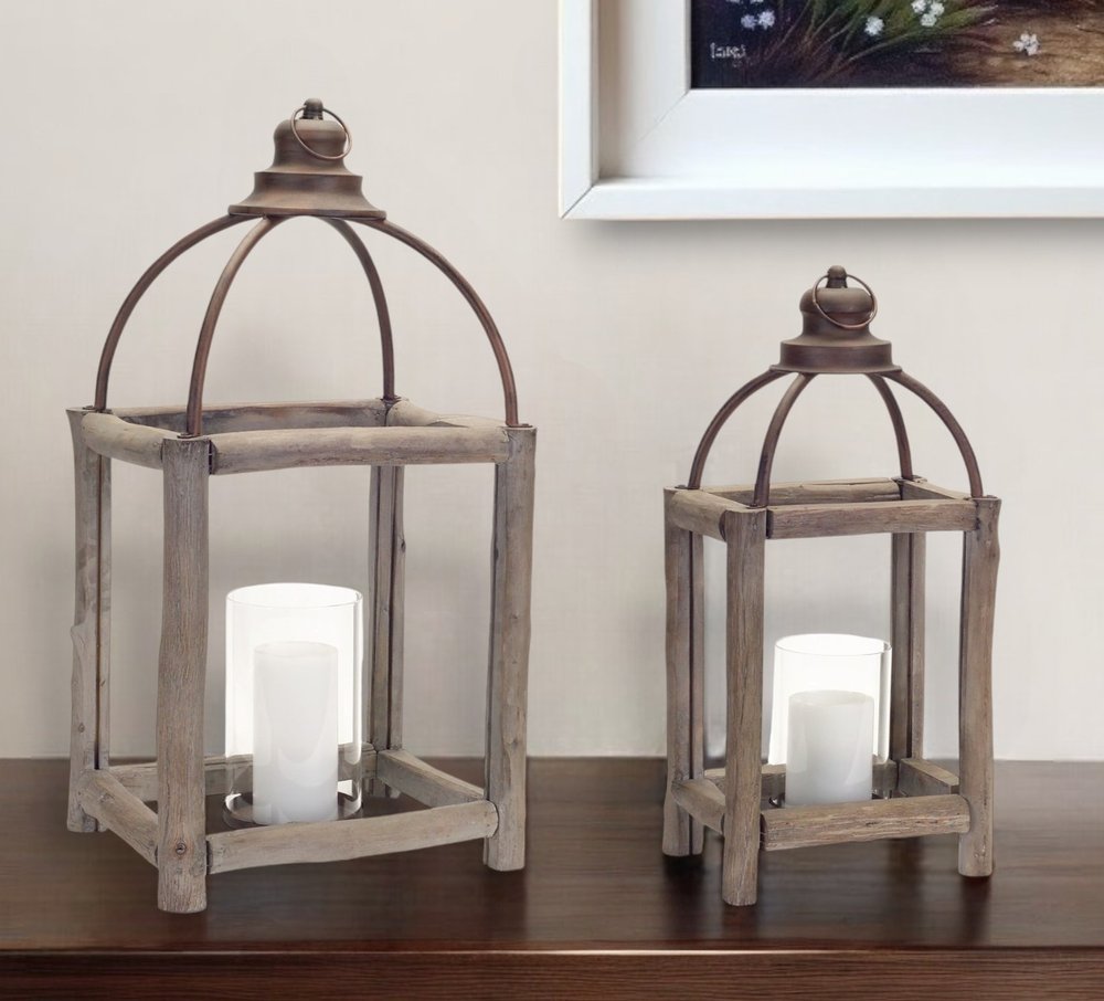 Set of Two Natural And Gray Geometric Glass Wood And Metal Floor Lantern Candle Holders HomeRoots